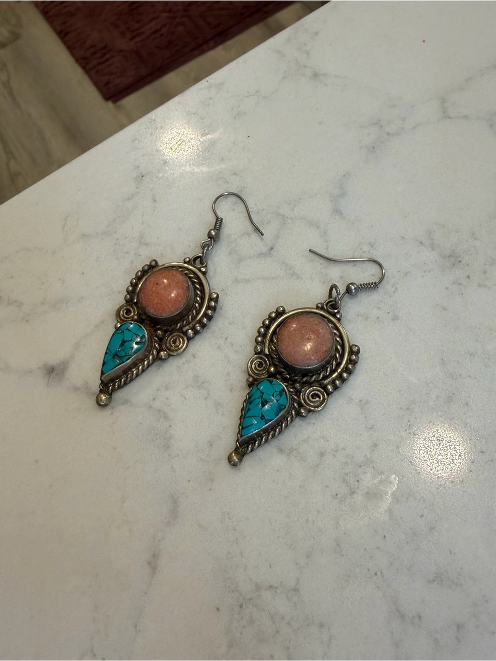 Vintage Turquoise & Peach Drop Earrings